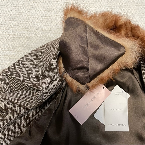 Banana Republic Brown Herringbone Blazer Jacket Removable Fur Collar Size 0P - Picture 4 of 10